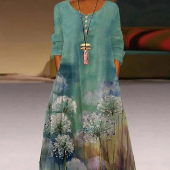 Maxi Dress A-Line Long Sleeve Crew Neck Button Design Top Size XXL Teal/Blue New - Picture 1 of 3